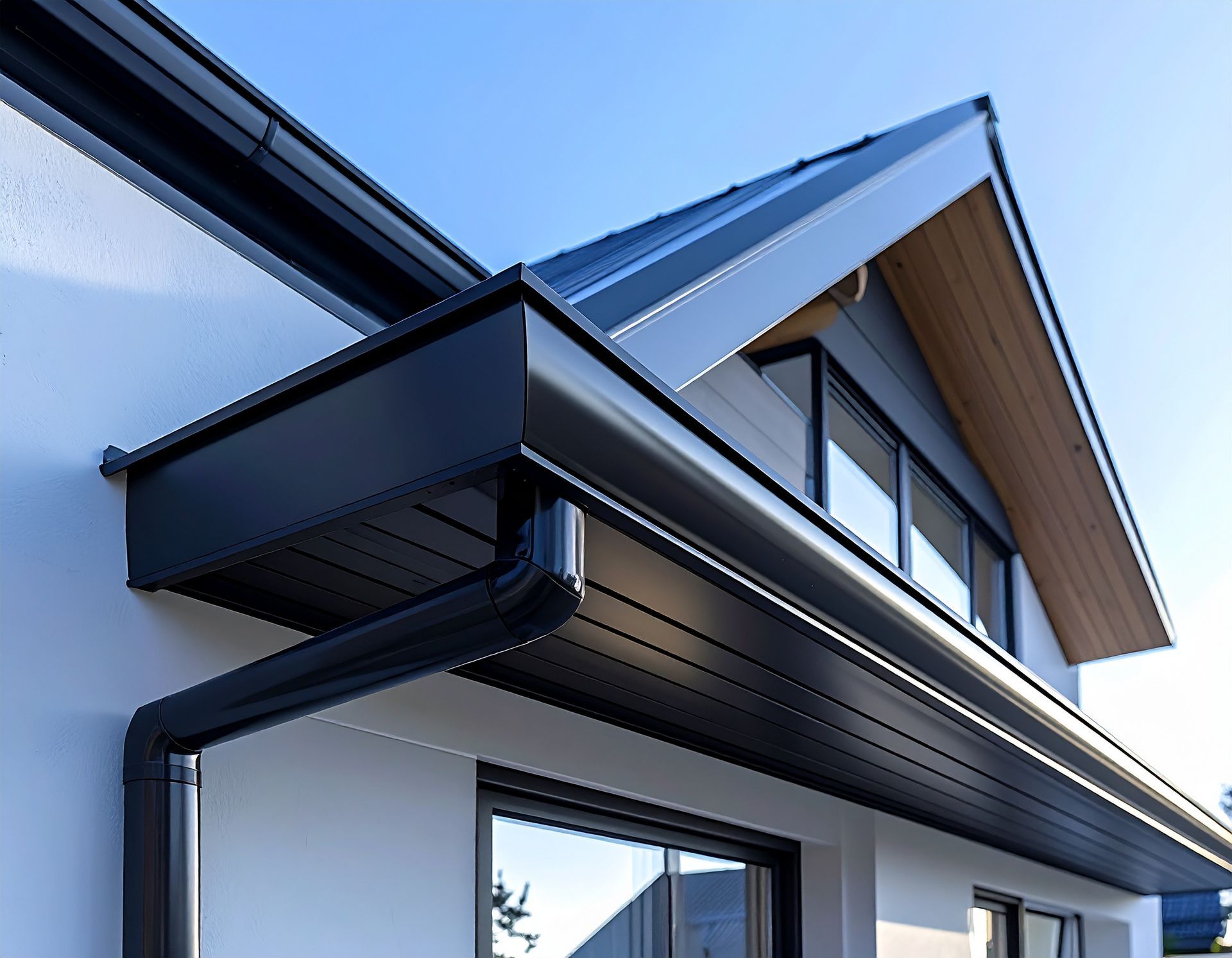 Modern white house exterior with black roof trim and wood soffit against a blue sky