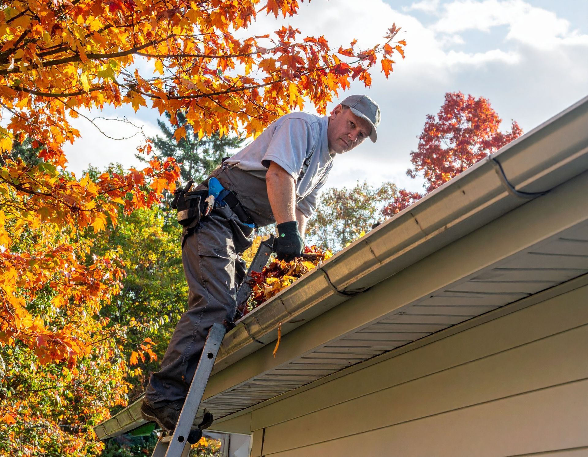 Worker on a ladder cleaning gutters on a house roof in autumn with orange leaves nearby
