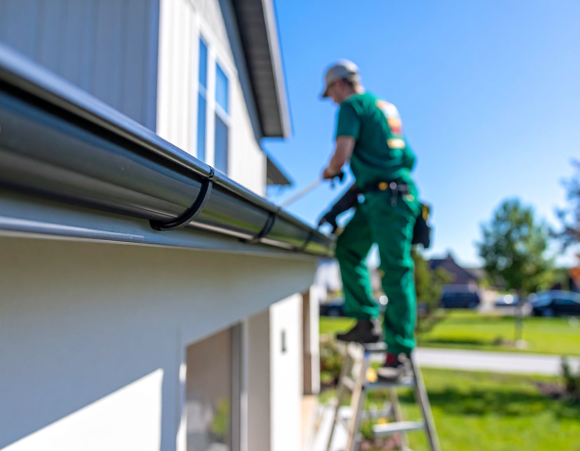 Worker cleaning gutters on a house using a ladder on a sunny day
