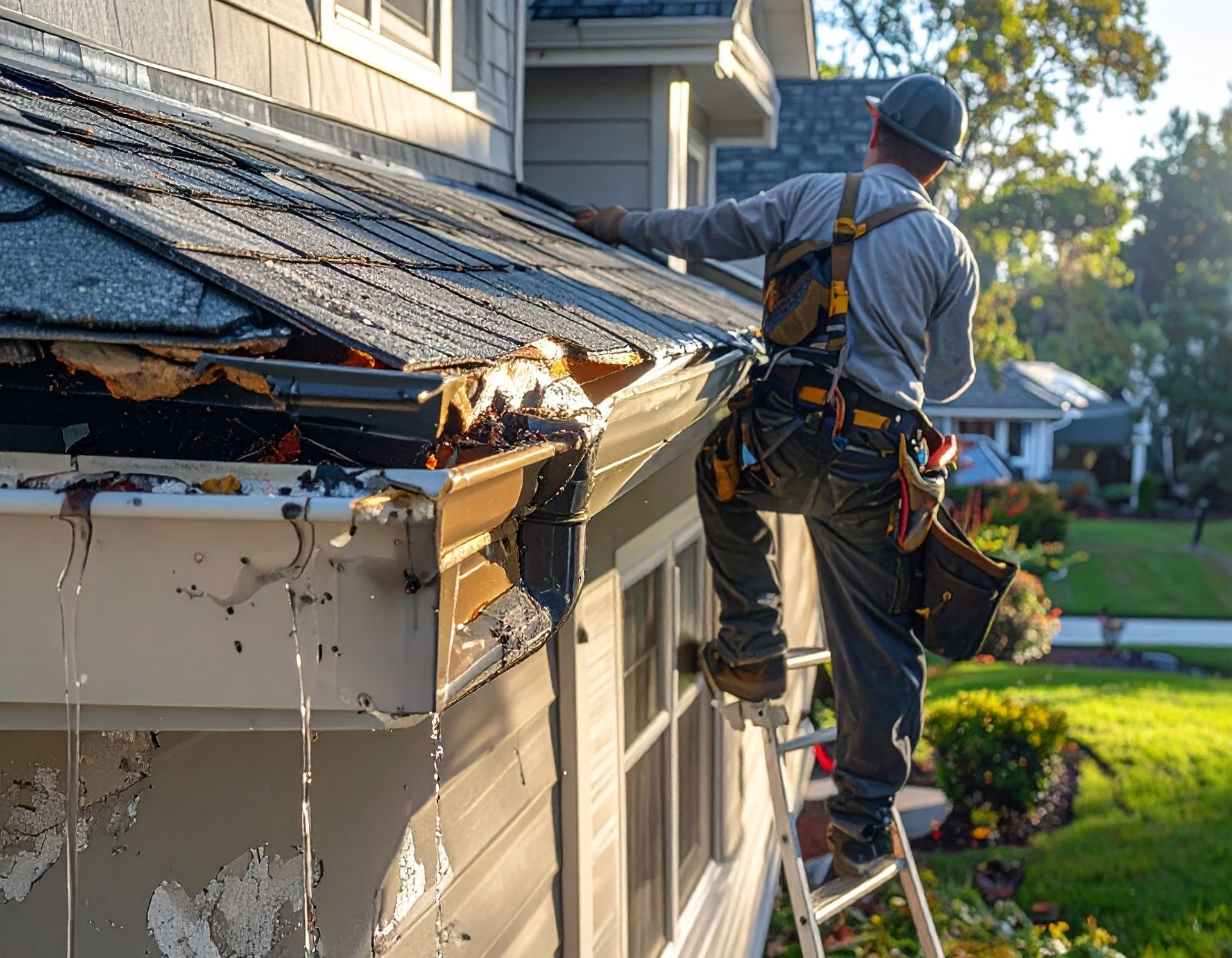 Gray gutter with perforated cover on a house roof.