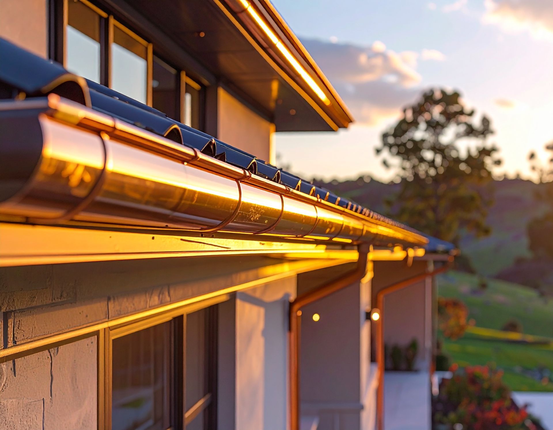 Sunlit rooftop gutter on a modern house at sunset, with warm golden reflections and distant hills