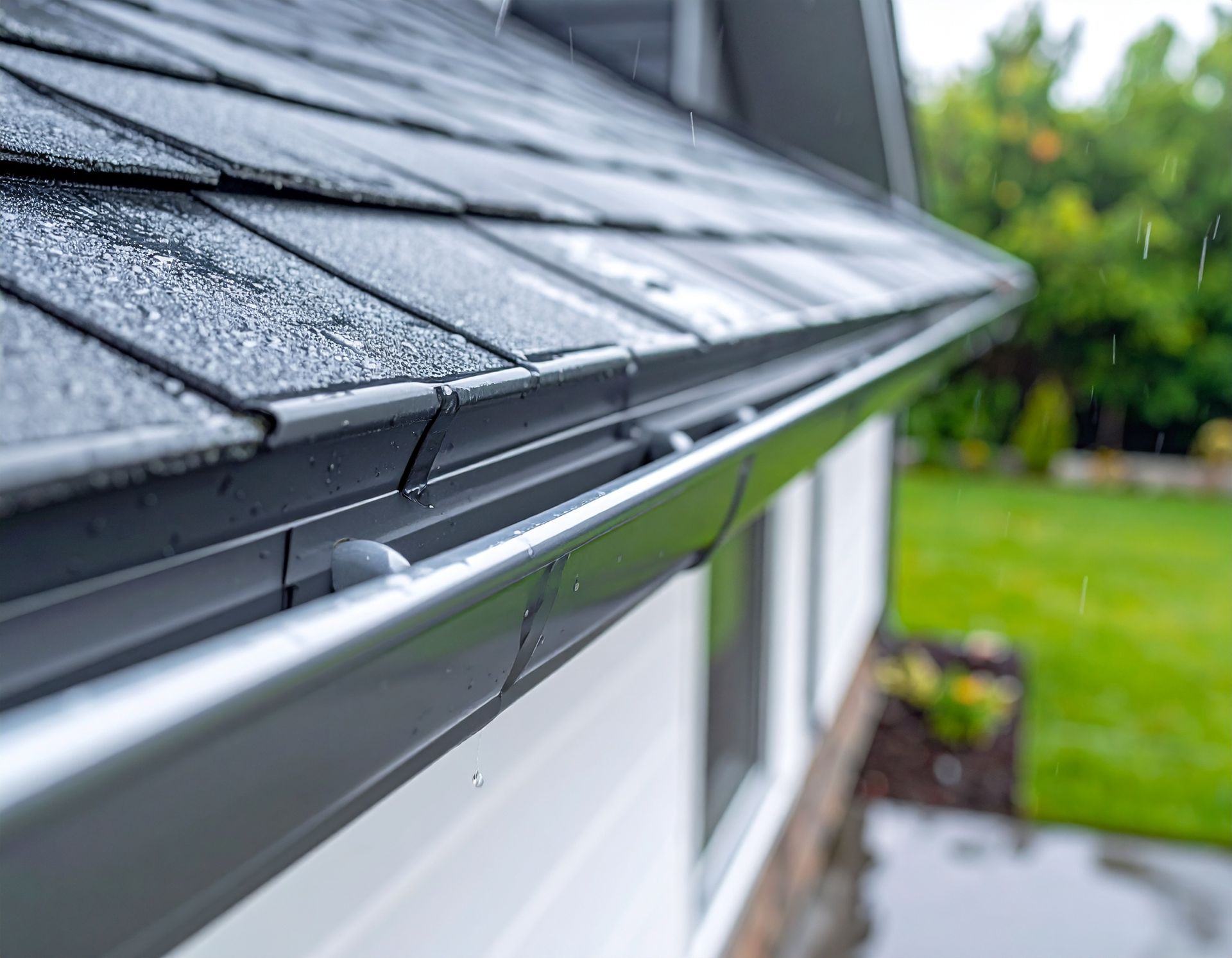 Close-up of a rain-soaked house roof and gutter with blurred green yard in the background