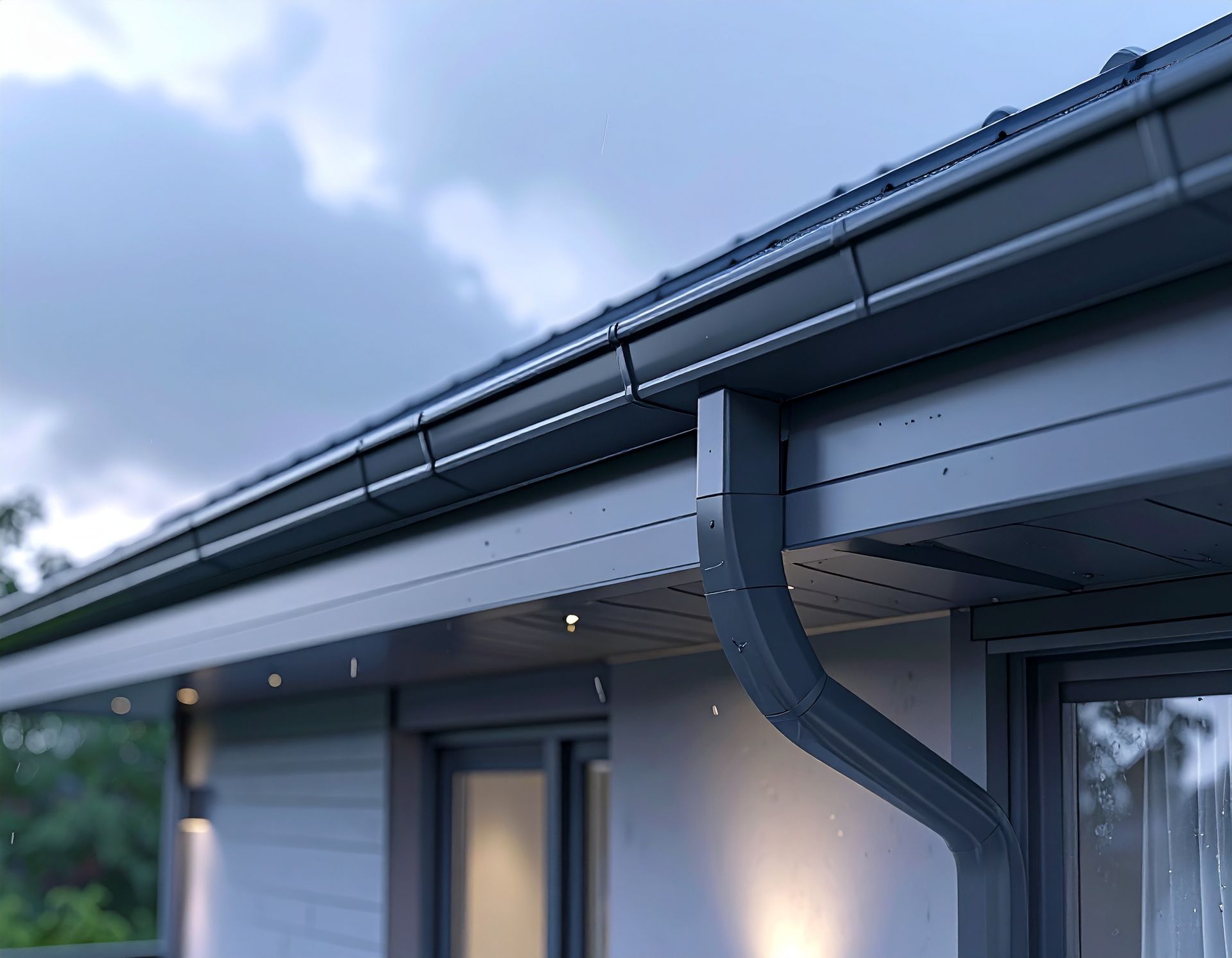 House eaves with dark gray gutter and downspout against a cloudy sky.