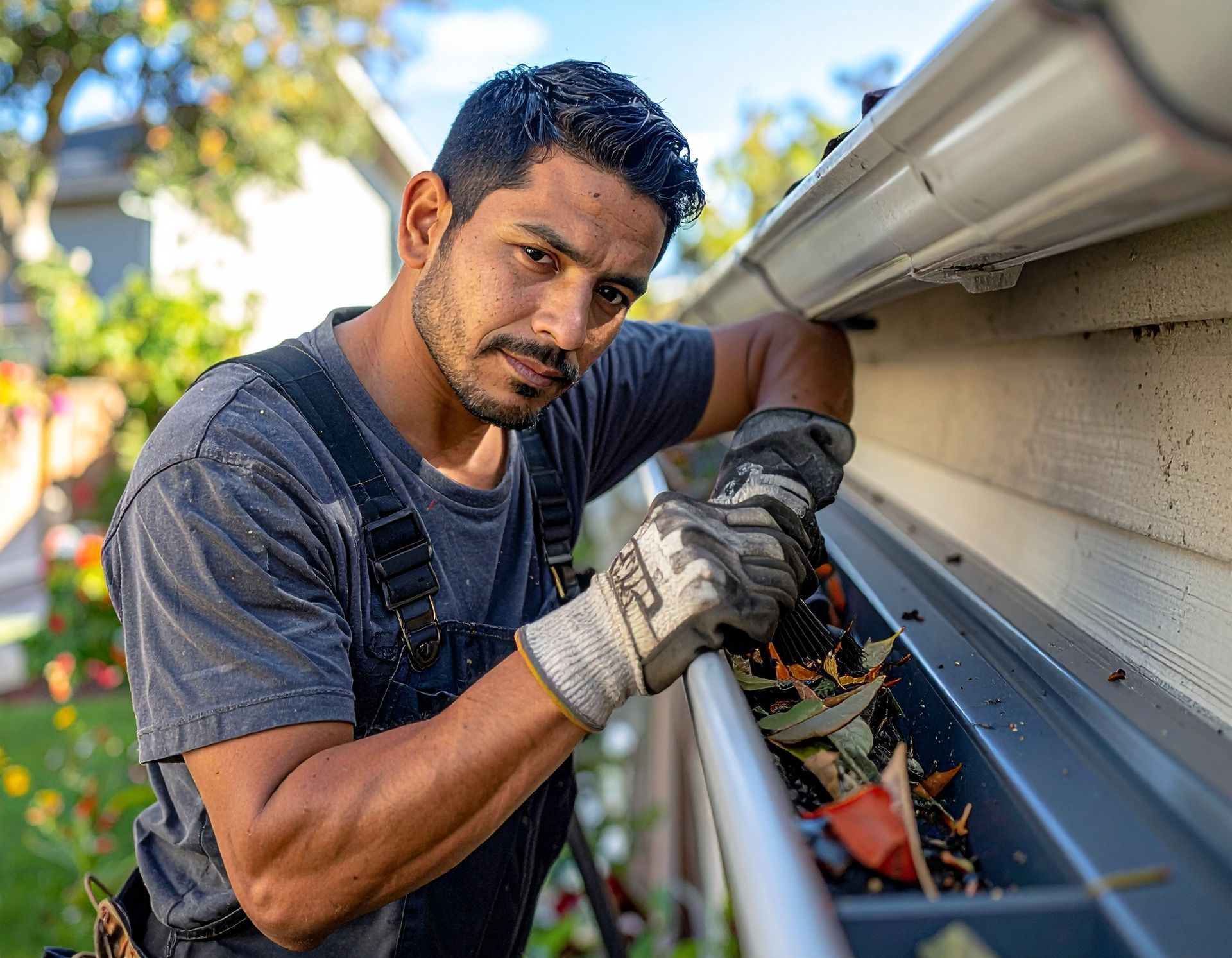 A worker wearing gloves cleans debris and leaves from a house gutter.