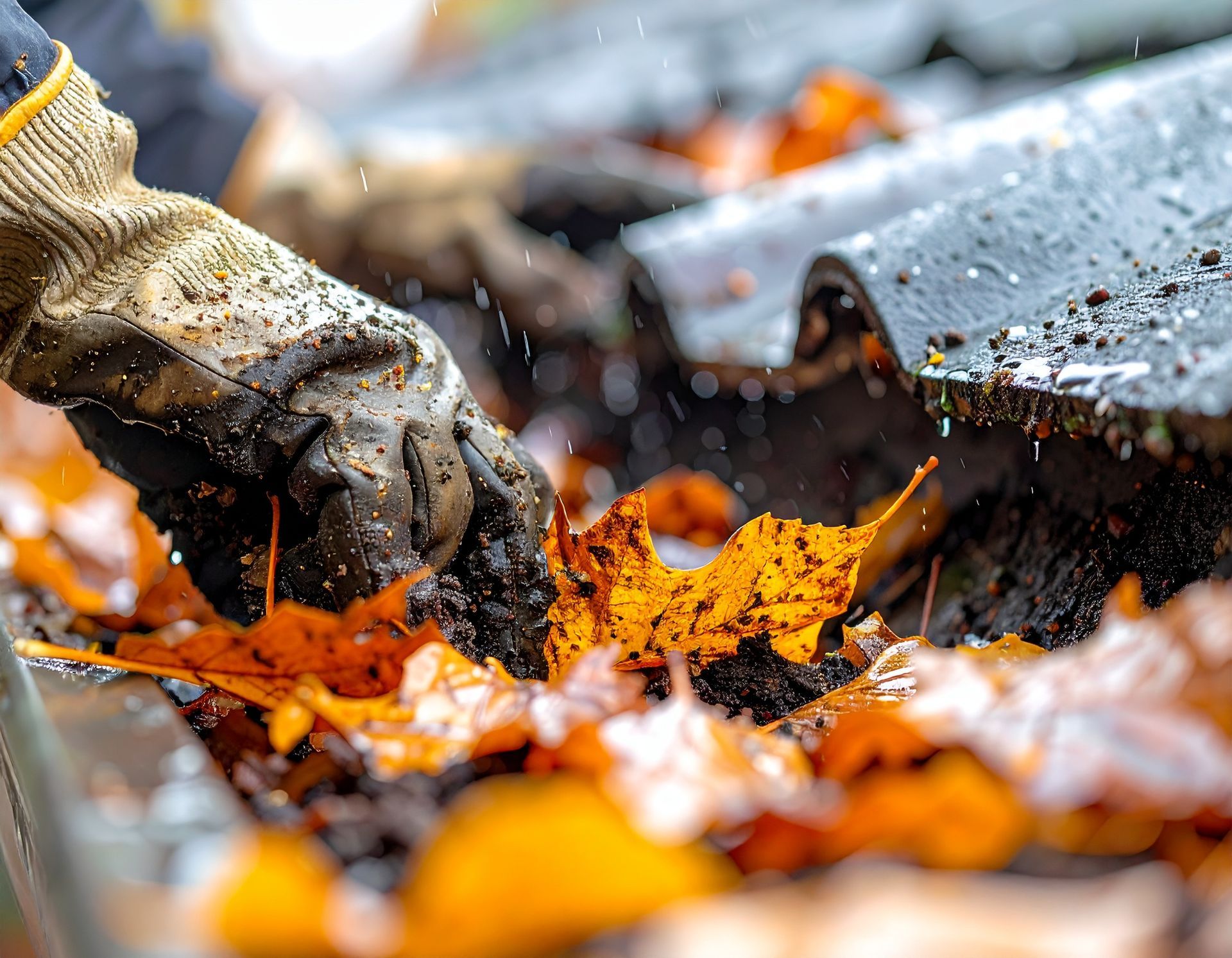 A gloved hand removes wet, fallen autumn leaves and debris from a residential roof gutter during a light rain.