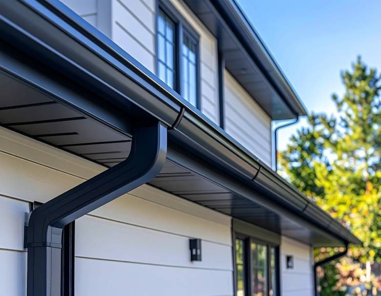 Black gutters on a white house, against a blue sky, and green tree.