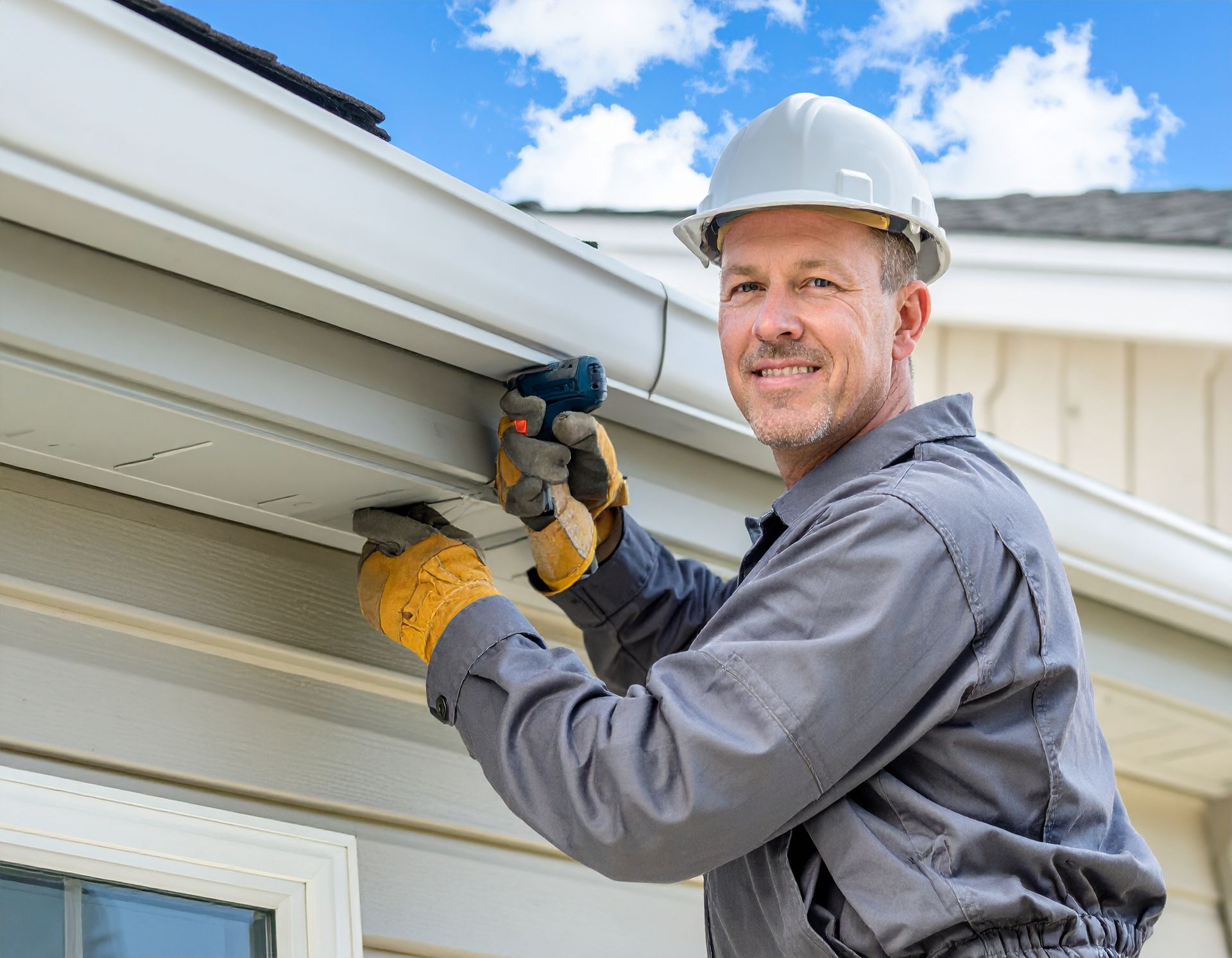 Construction worker in hard hat smiles while working on the siding of a building under a blue sky.