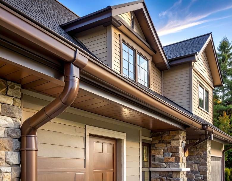 Brown gutters on a two-story house with stone accents and a brown garage door.