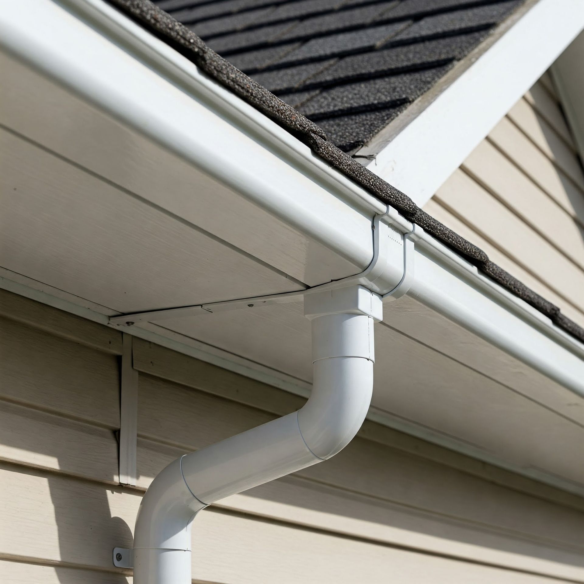 A white gutter on the roof of a house with a blue sky in the background.