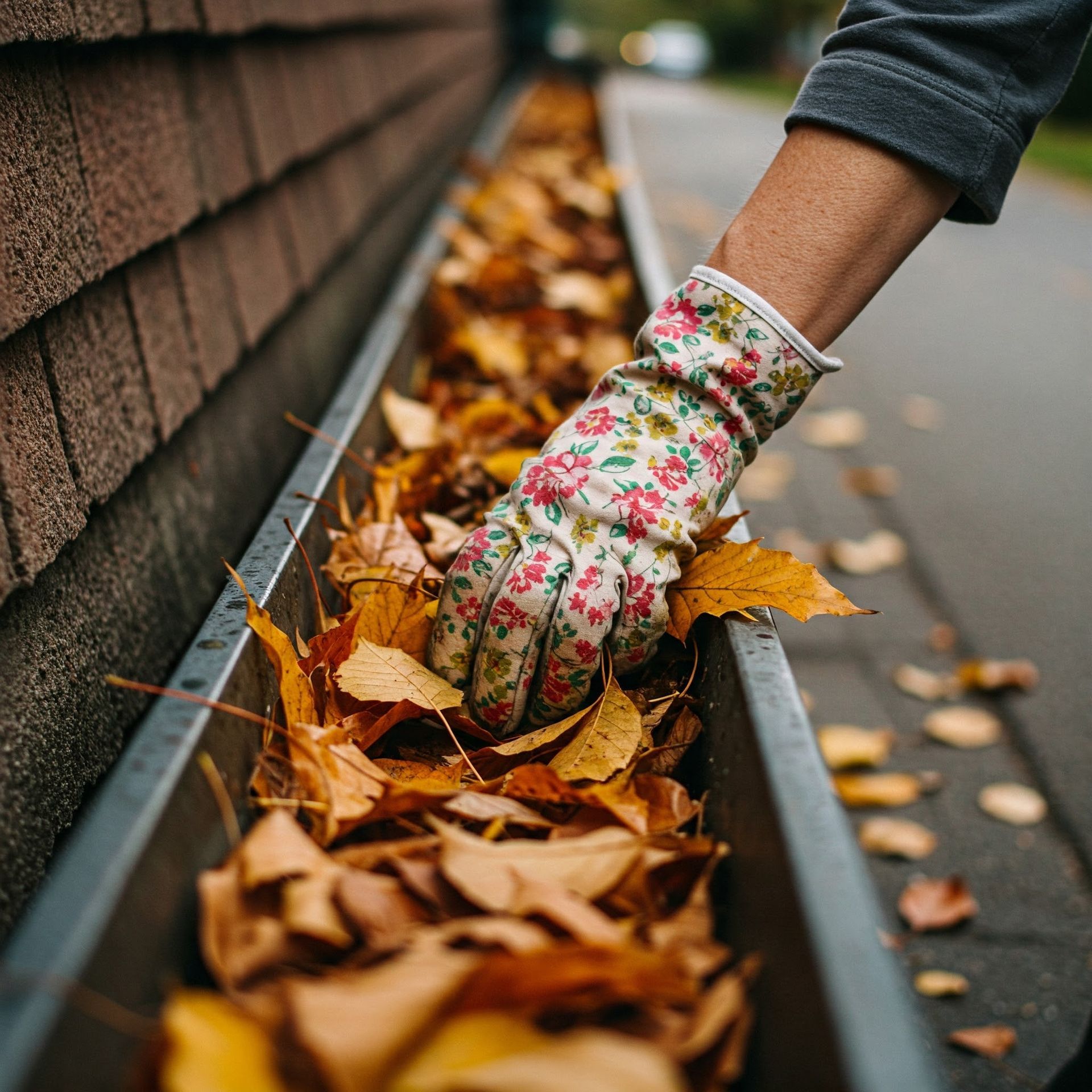 A person is cleaning a gutter with a glove and leaves.