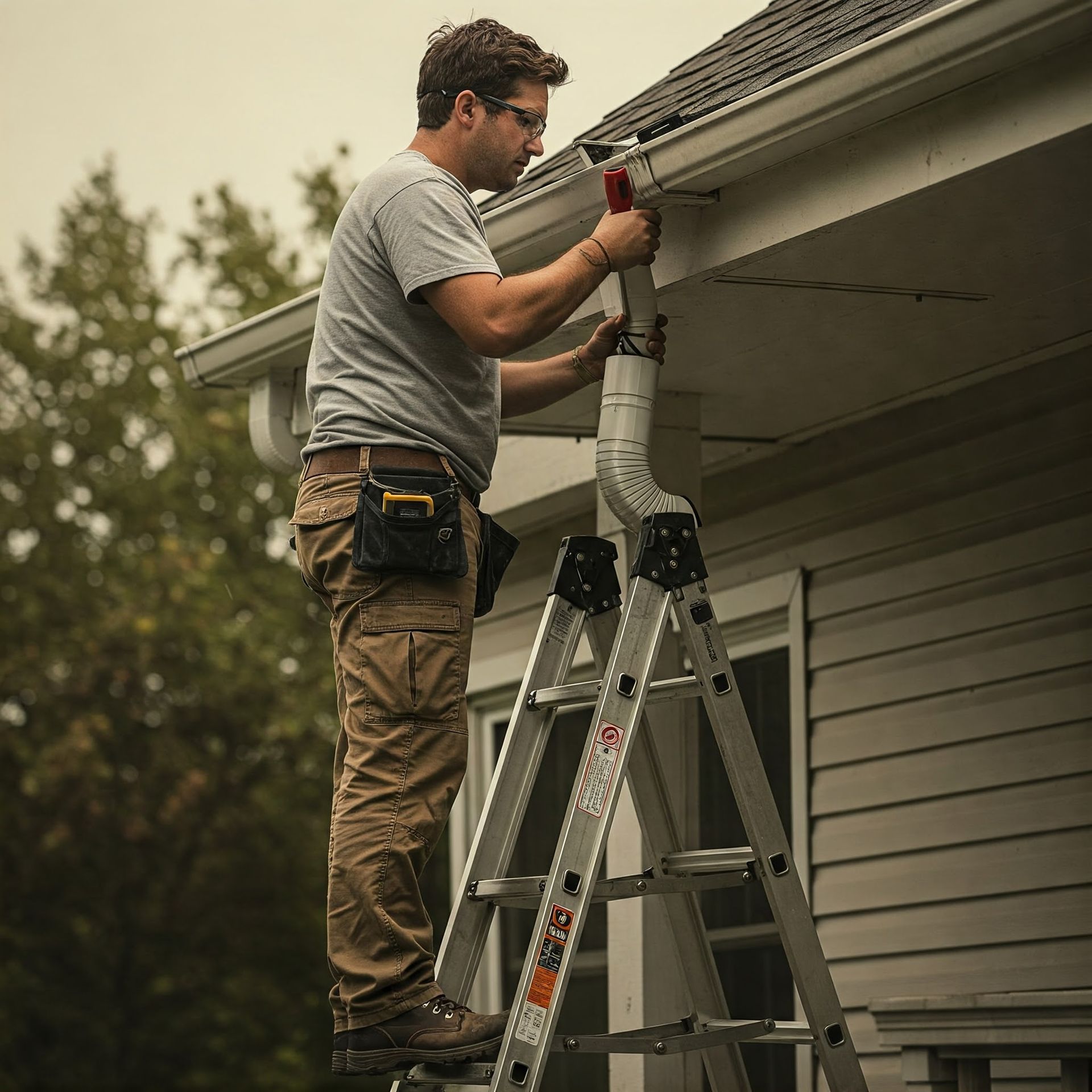 A man installing a downspout for roof gutter.