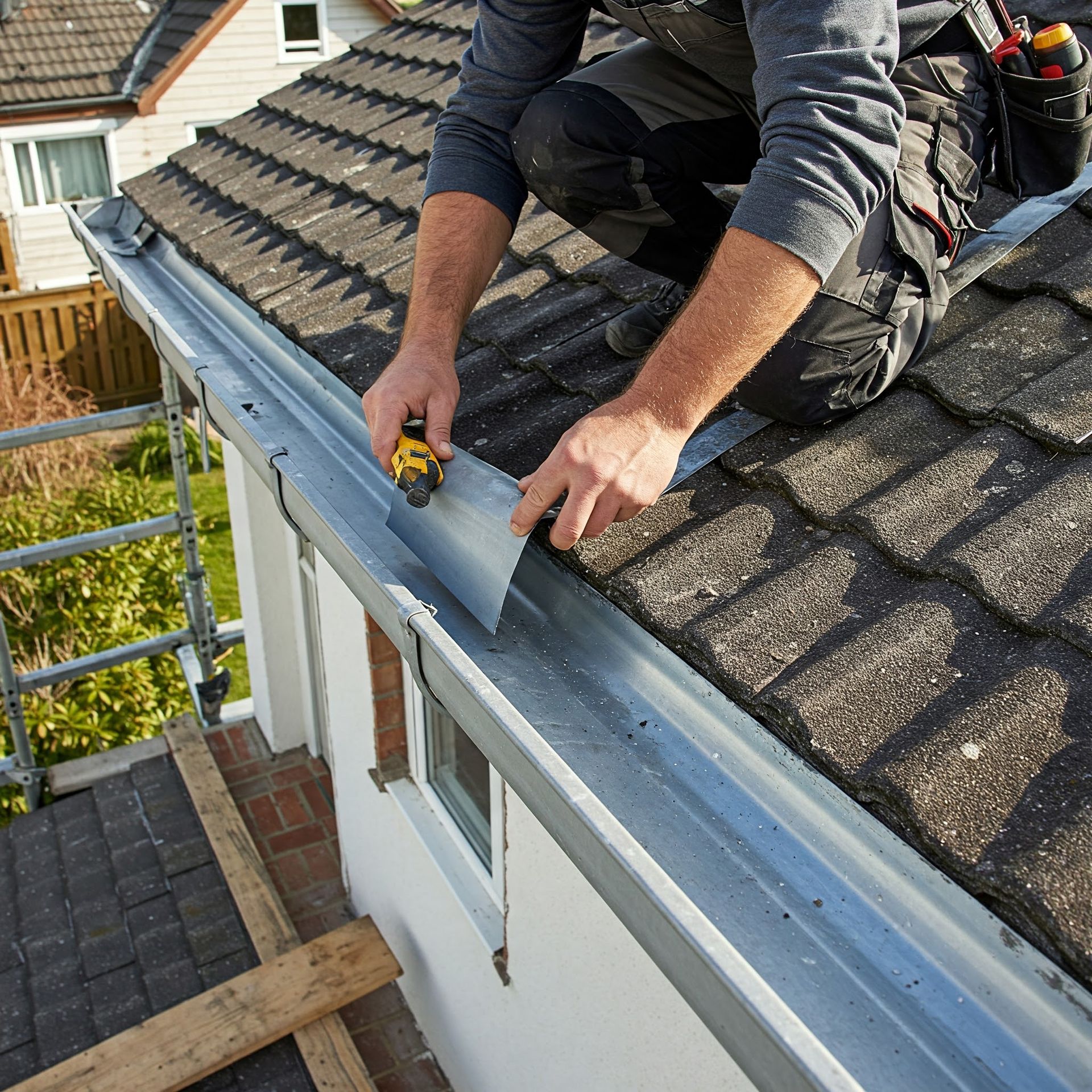 Man installing a gray gutter on a house, wearing a cap and gloves.