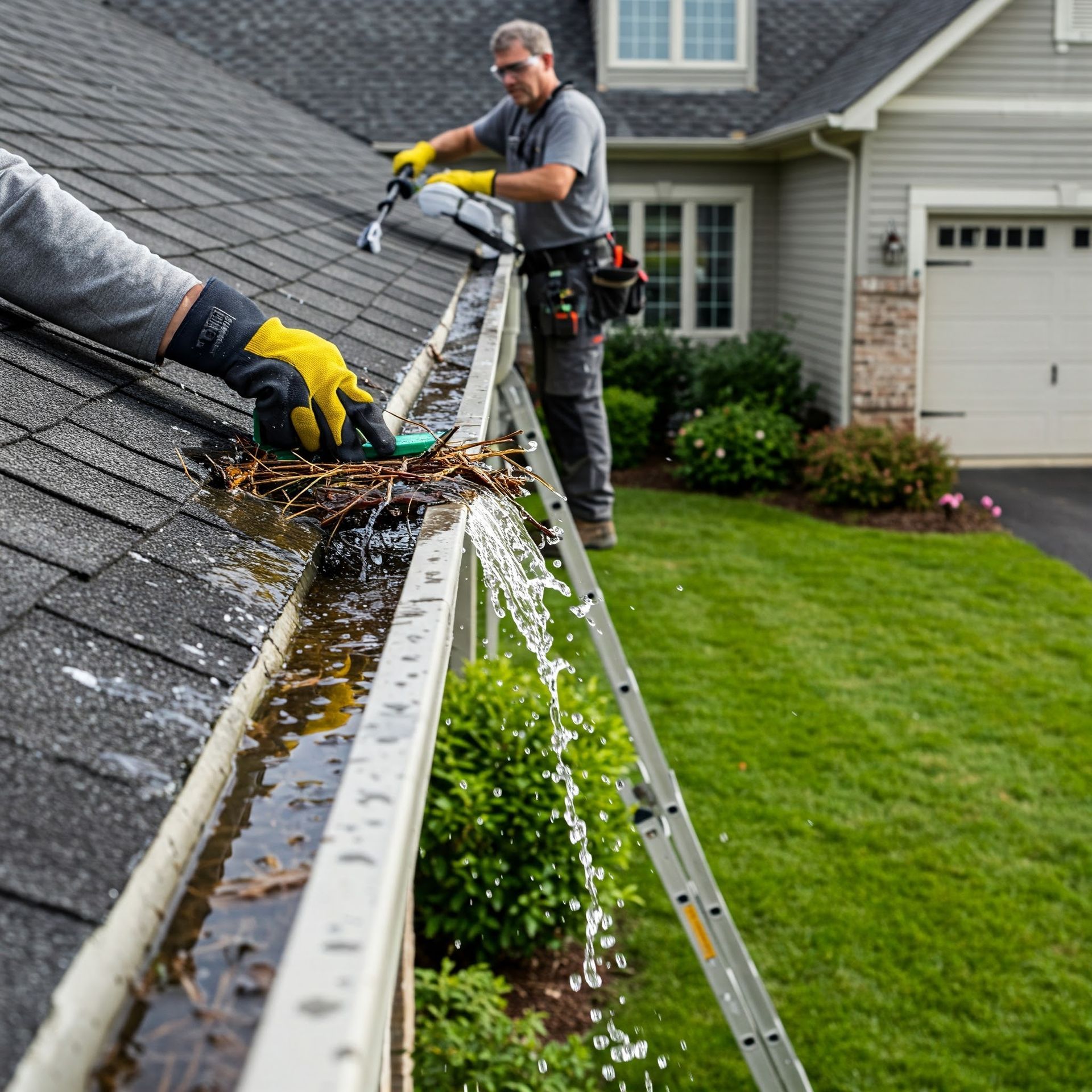 A person is fixing a gutter on a roof.