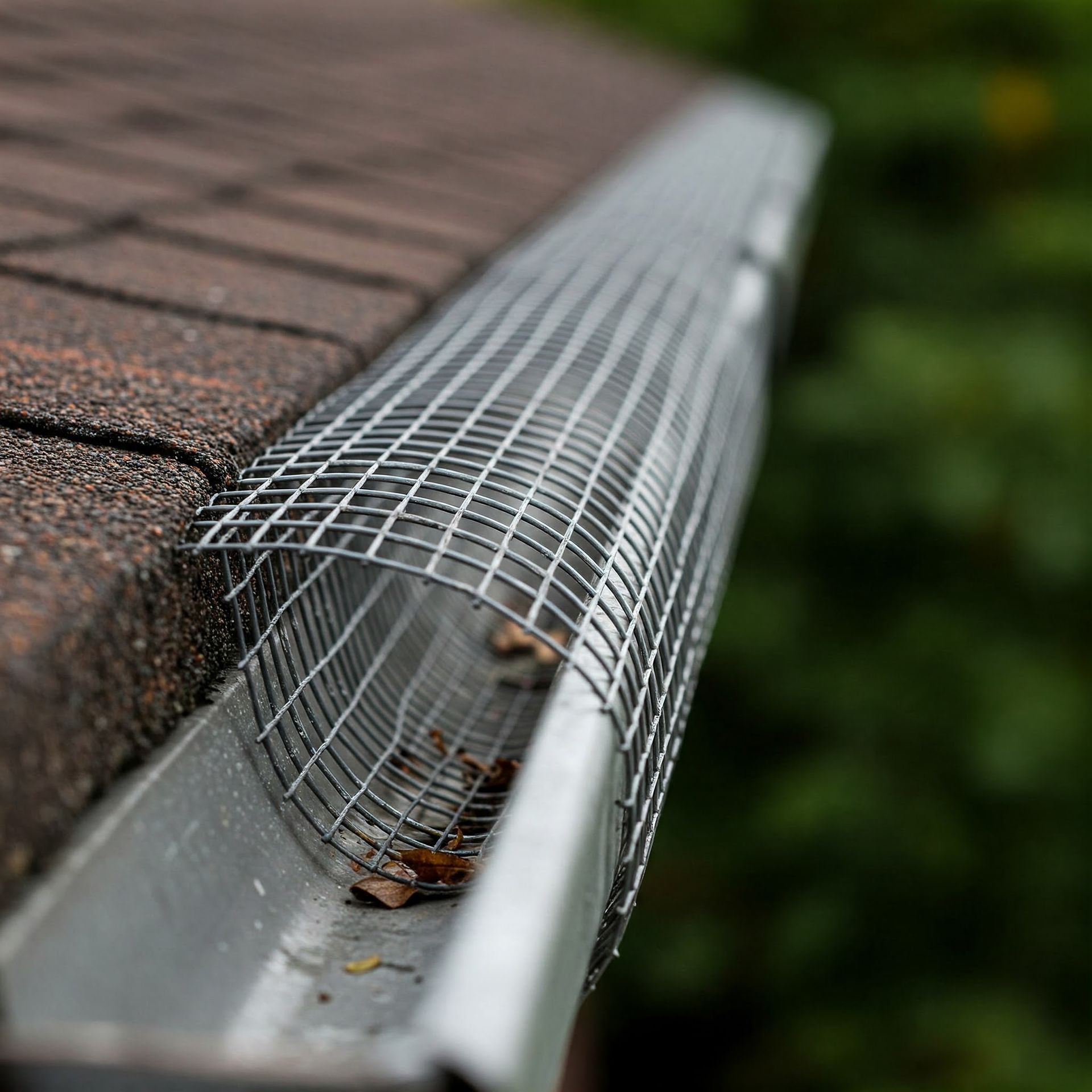 A close up of a gutter on a roof with a mesh on it.