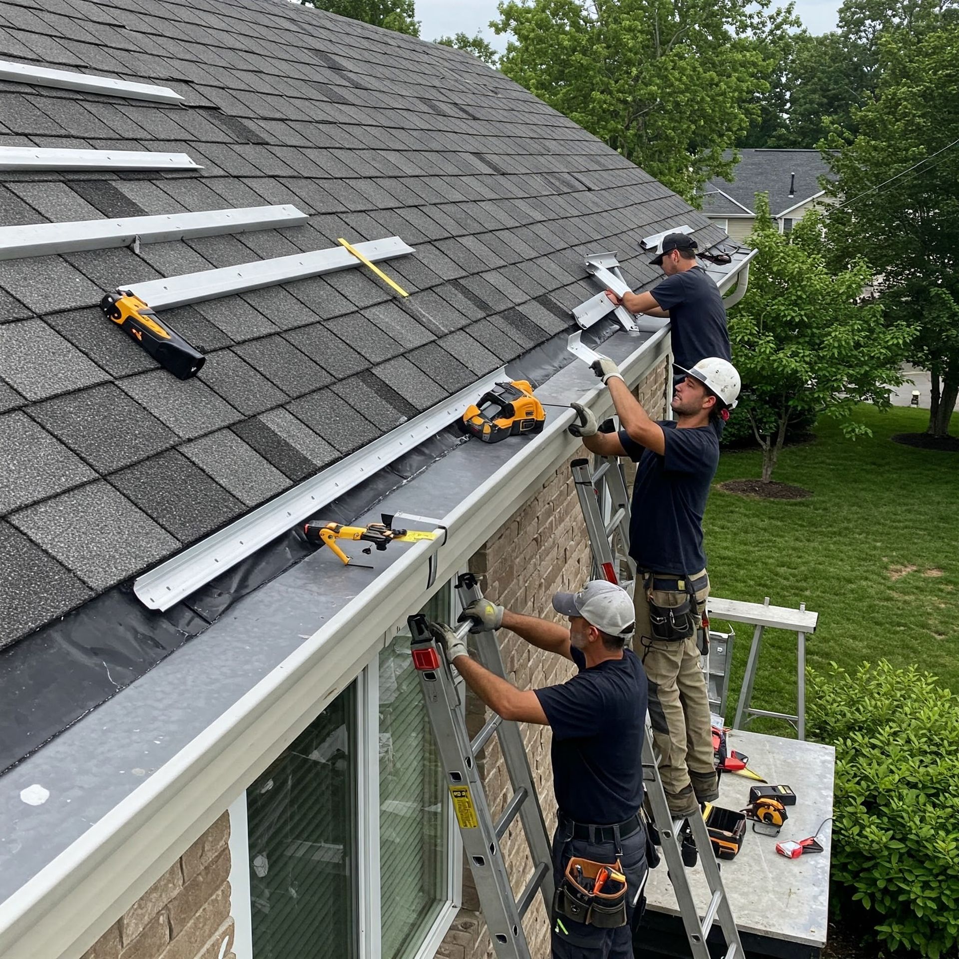 A group of men are working on the roof of a house.