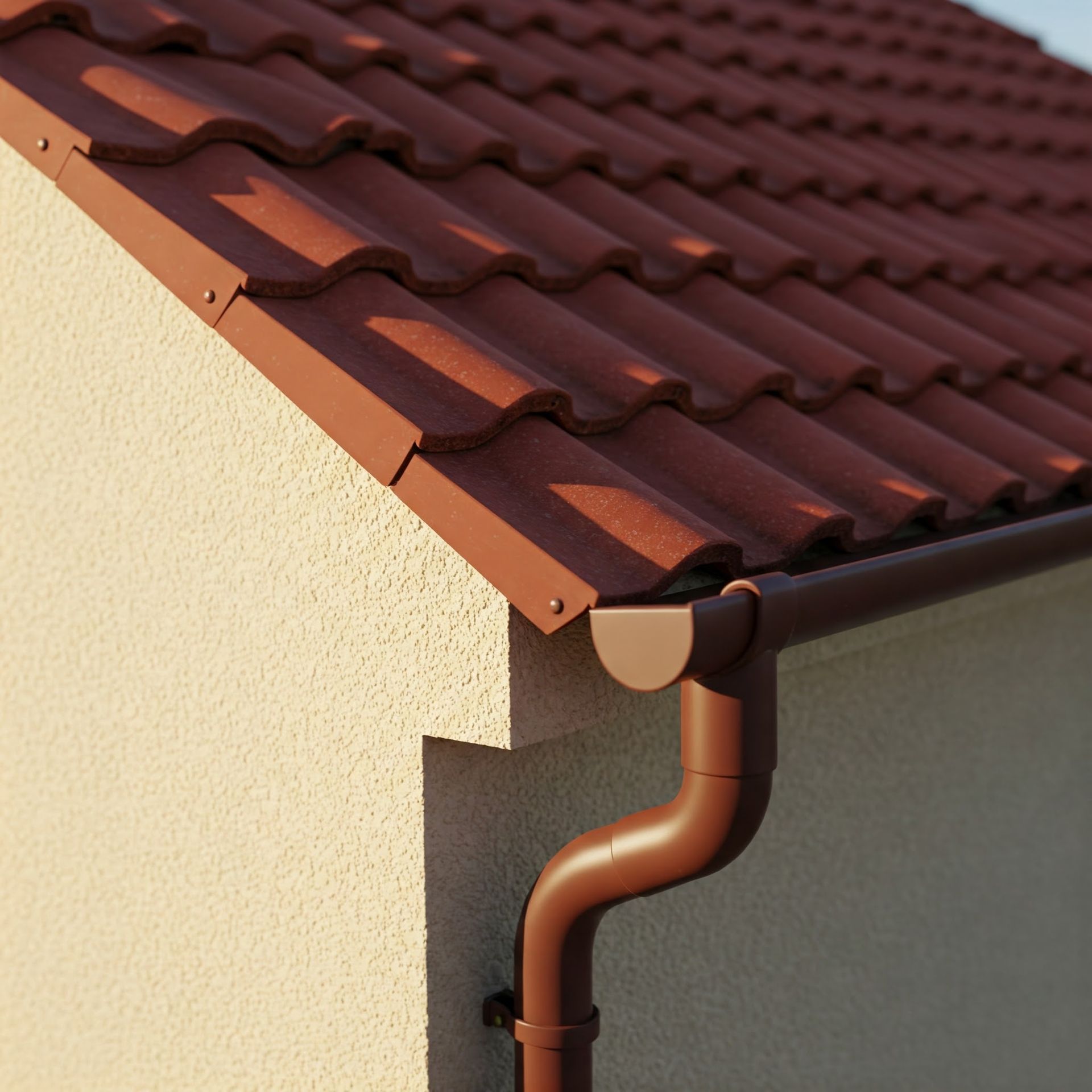 A brown gutter on the side of a house with a red tile roof