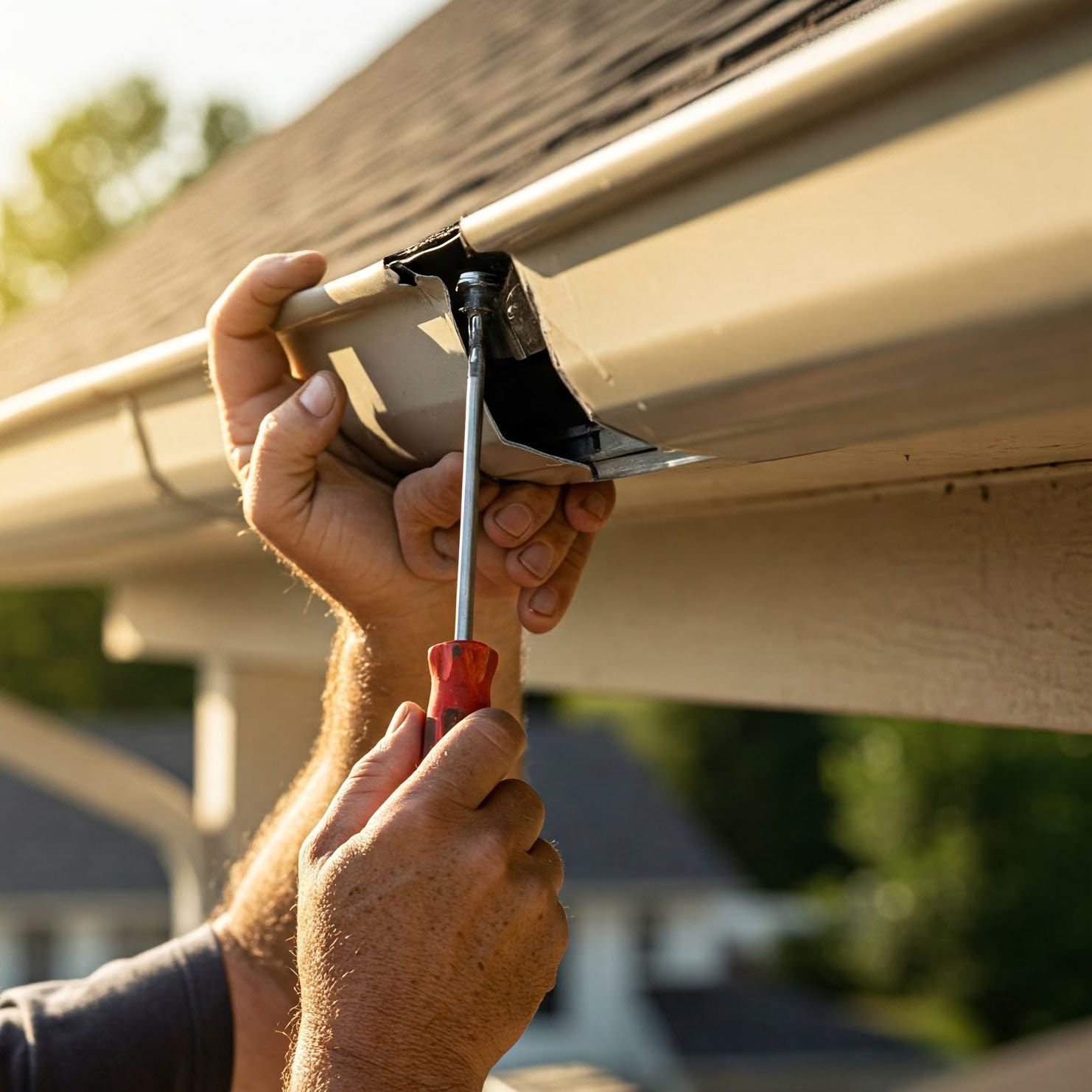 A person is fixing aluminum gutter with a screwdriver.