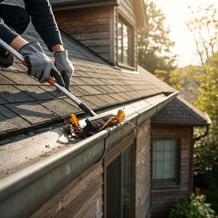 Person cleaning a gutter on a house roof with a long-handled tool, removing leaves and debris.
