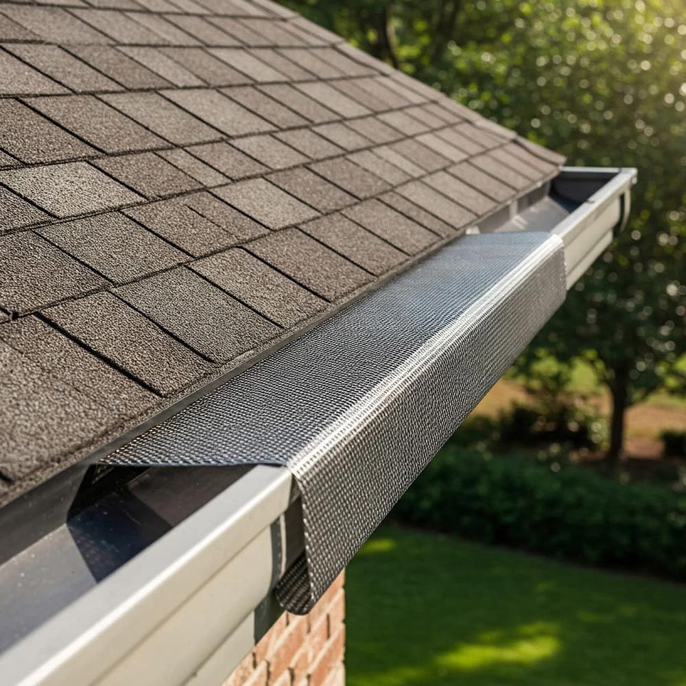 A close up of a gutter with leaves on it