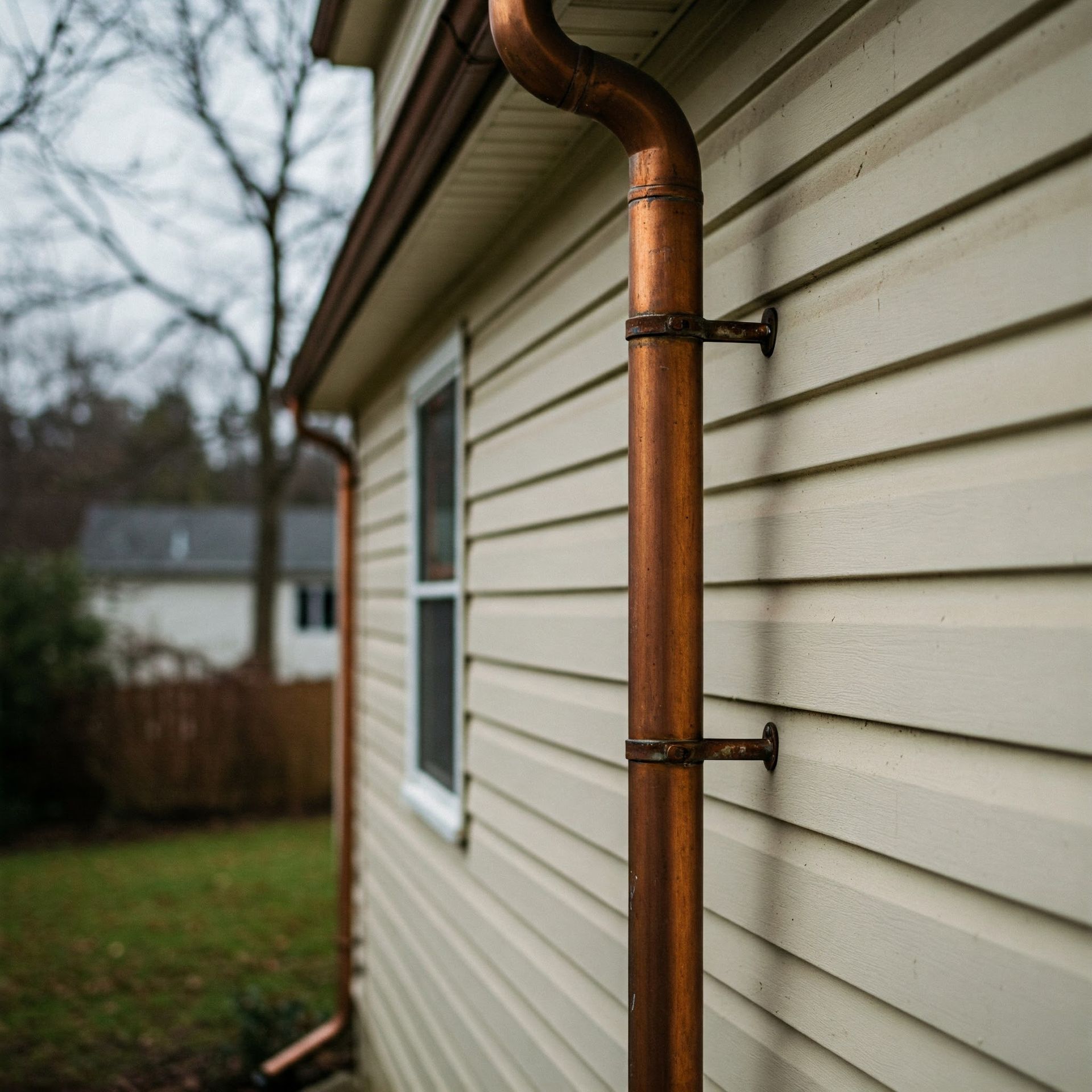 A copper pipe is attached to the side of a building