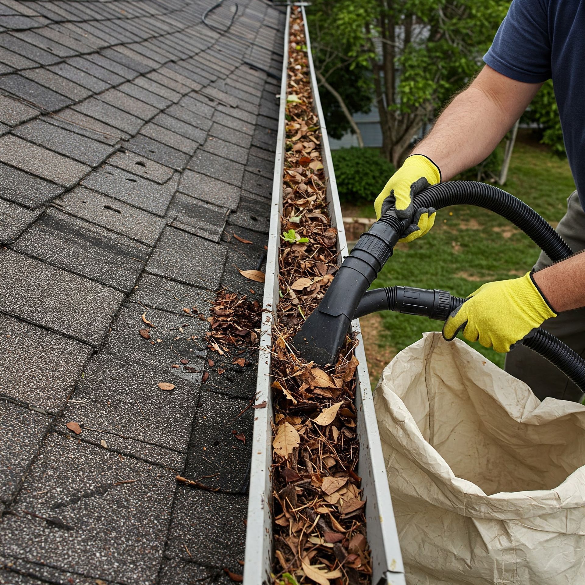 A person is cleaning a gutter with a high pressure washer.