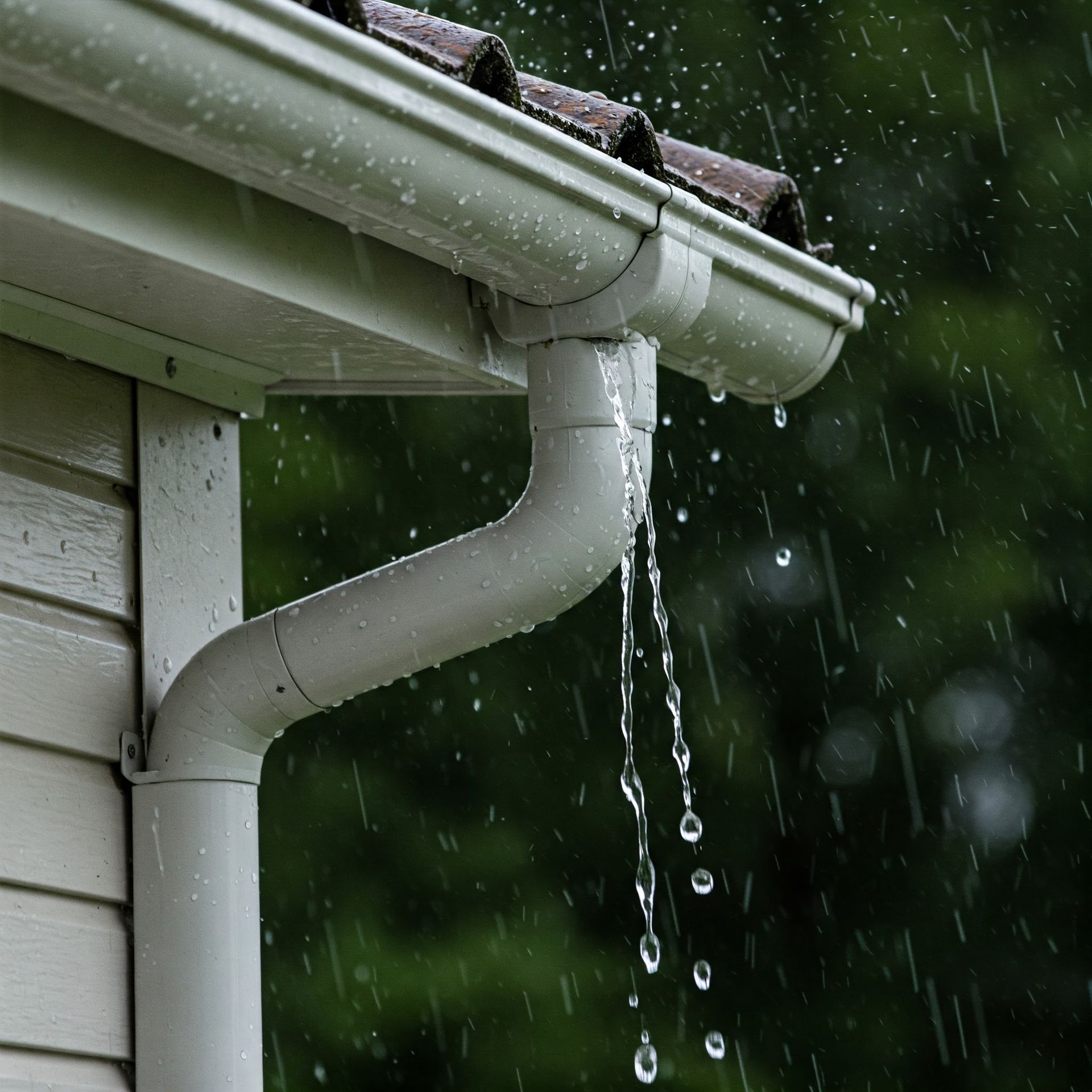 Rain is falling from the gutter of a house.