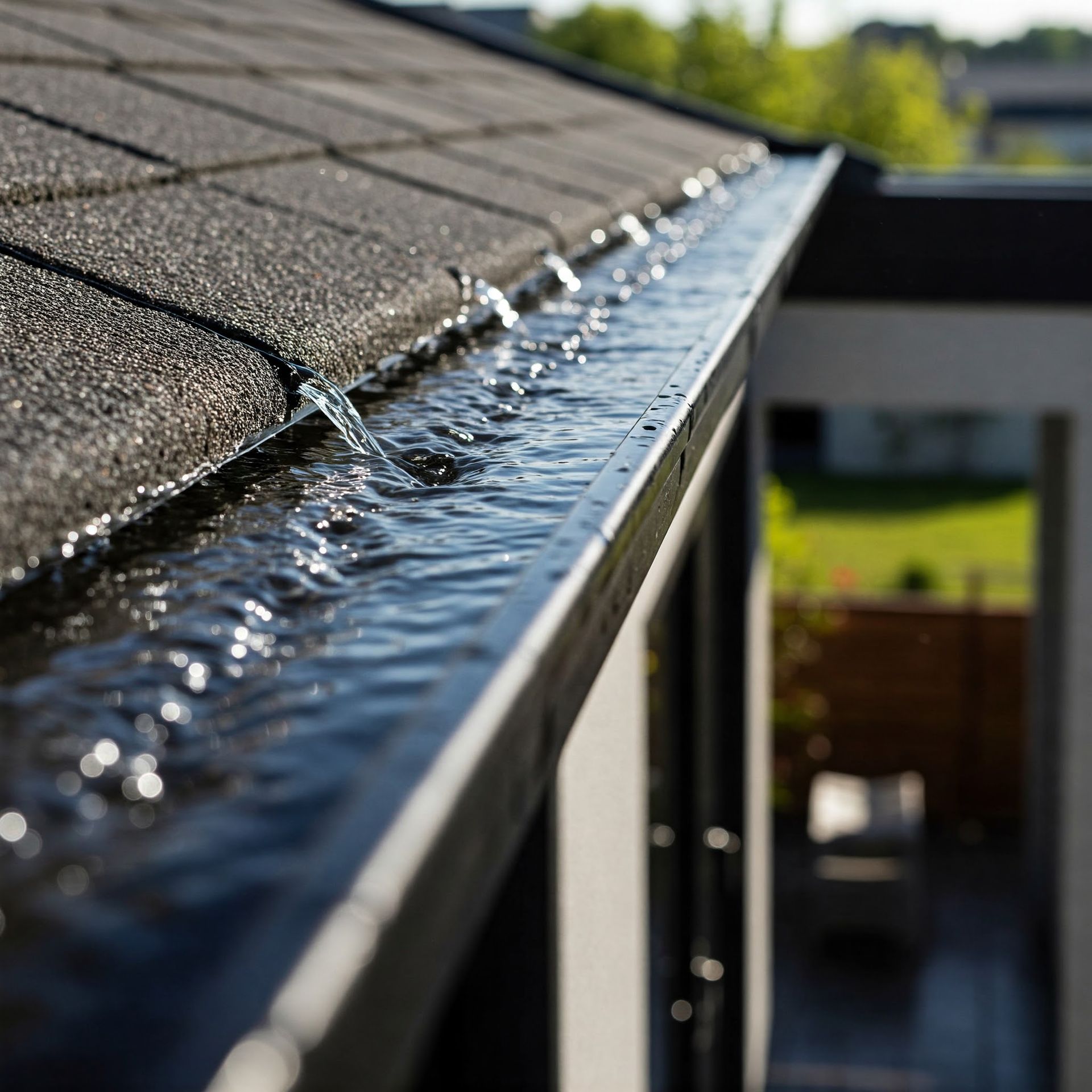 A close up of a gutter on a roof of a house.