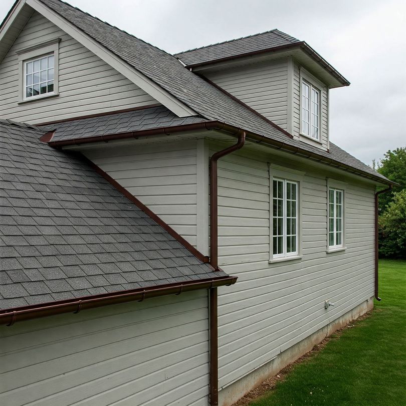 A white house with a gray roof and gutters