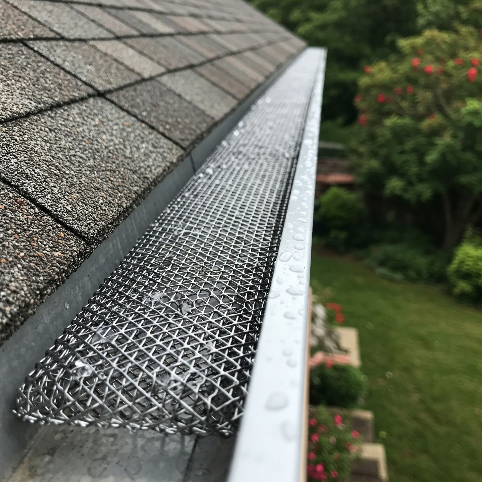 A close up of a gutter with a mesh covering on a roof.