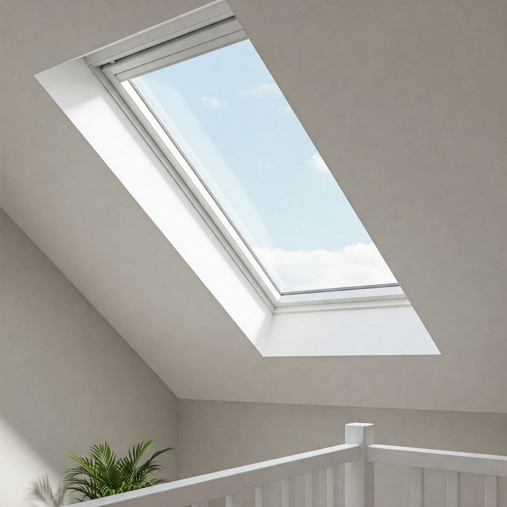 There is a vinyl window in the roof of a house.