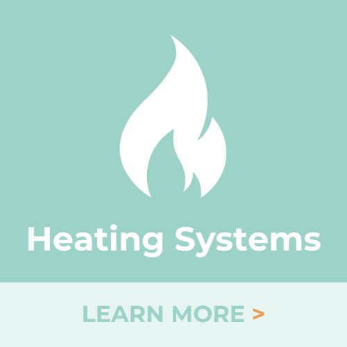 A logo for heating systems with a flame on a green background.