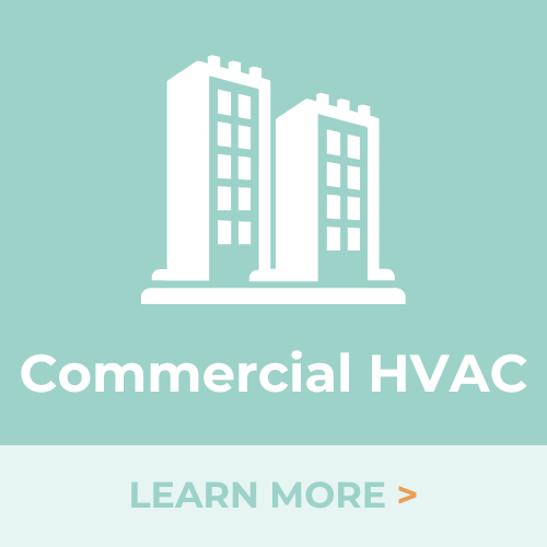 An icon of two buildings with the words `` commercial hvac '' below them.