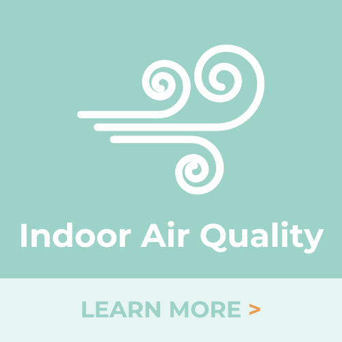 A logo for indoor air quality with a swirl on a blue background.