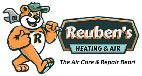 The logo for reuben 's heating and air shows a bear holding a wrench.