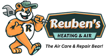The logo for reuben 's heating and air shows a bear holding a wrench.