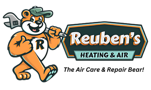 The logo for reuben 's heating and air shows a bear holding a wrench.