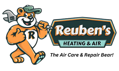 The logo for reuben 's heating and air shows a bear holding a wrench.