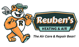 The logo for reuben 's heating and air shows a bear holding a wrench.