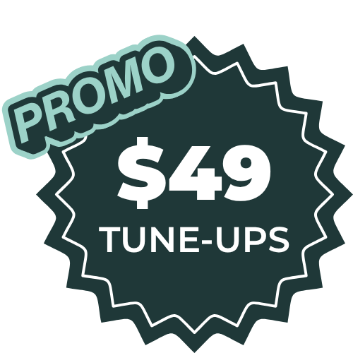 Promo badge advertising $49 tune-ups on a dark green starburst background