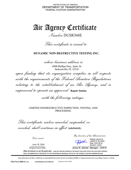 FAA Accredited Aviation Repair station certificate - aircraft parts inspections