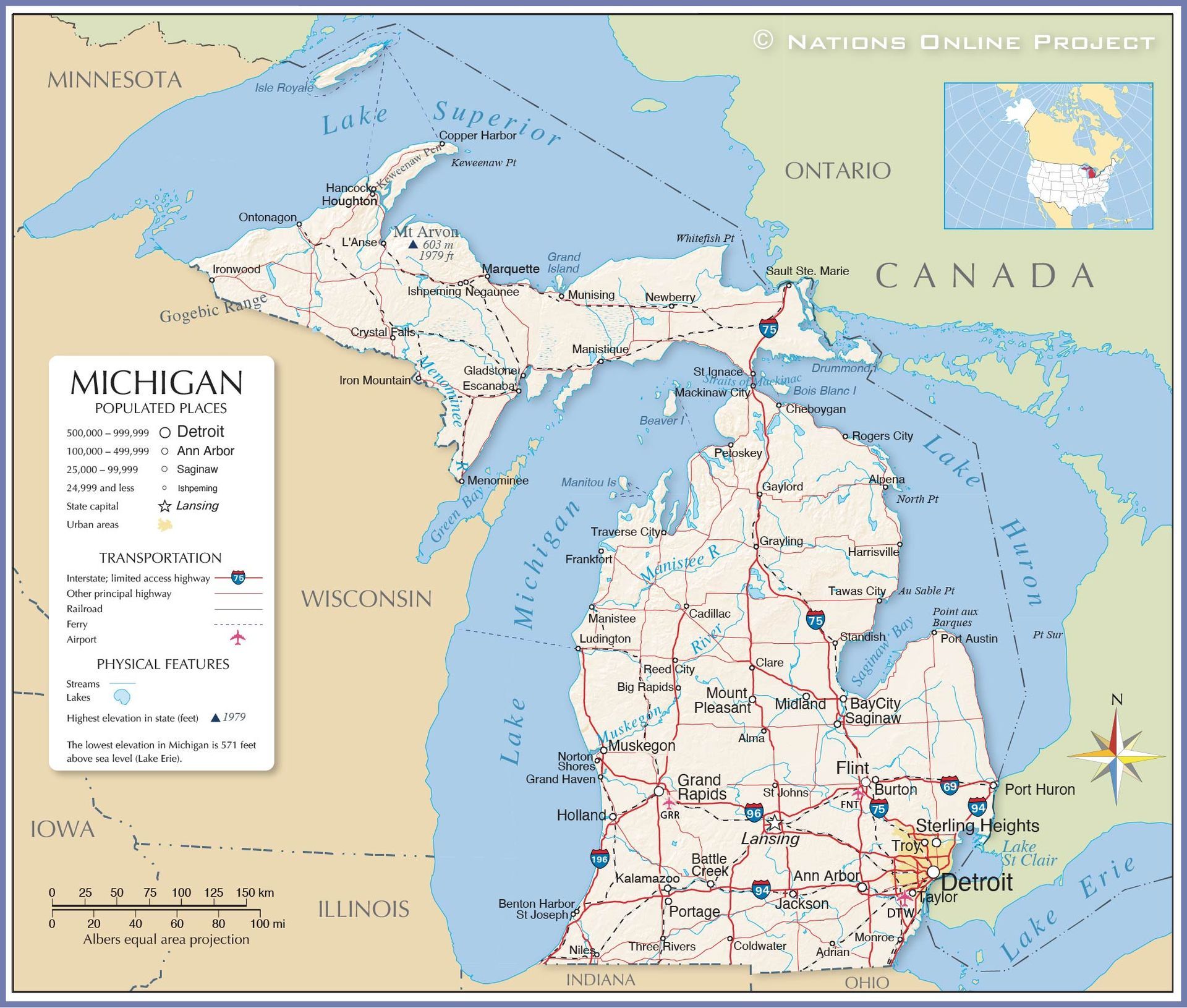 A map of Michigan with Canada in the background