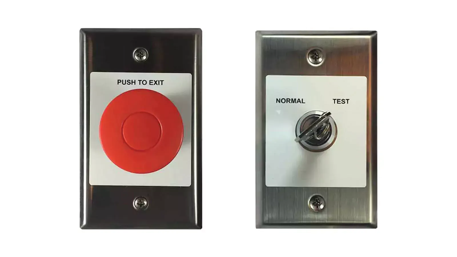A red button and a white switch are on a wall.