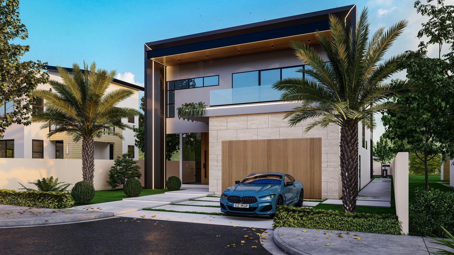 A blue car is parked in front of a house with palm trees
