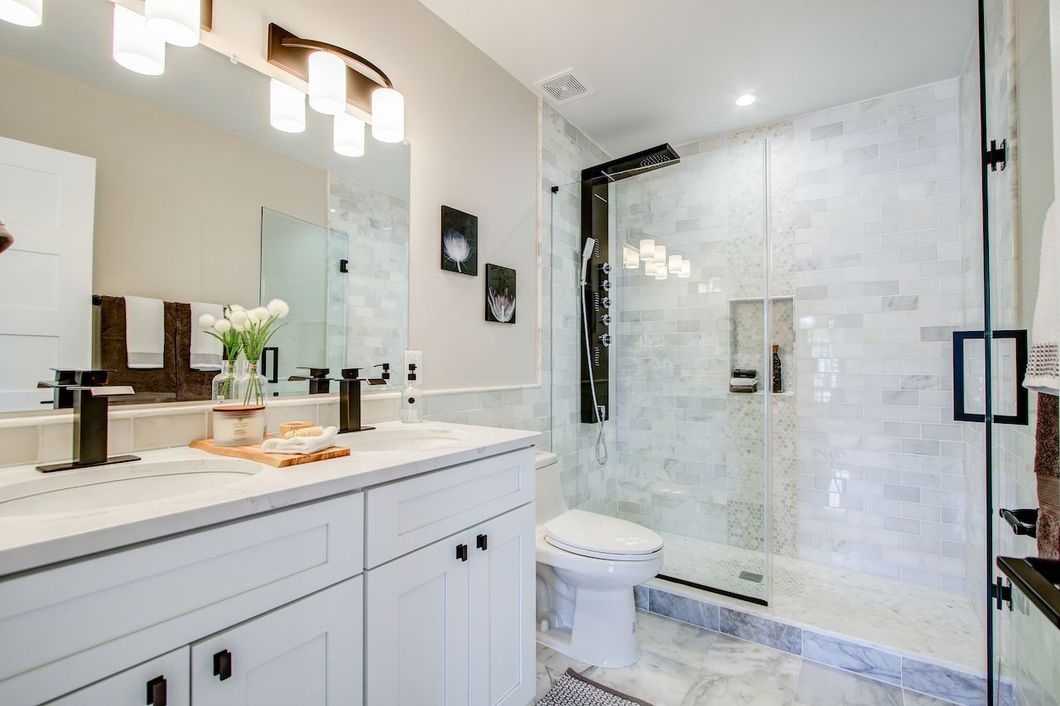 Bathroom with spacious walk in shower