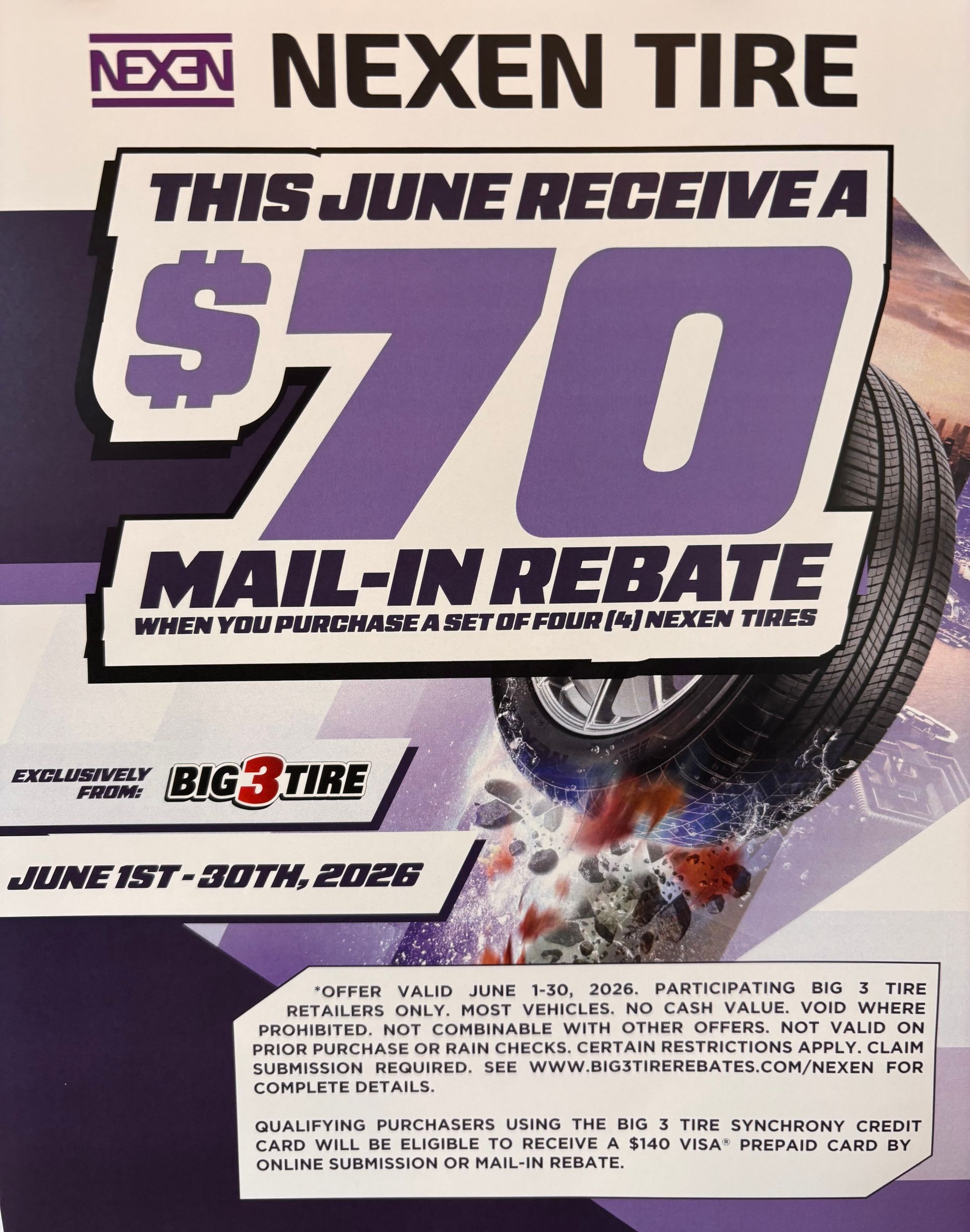 Nexen Tire ad offering a $70 mail-in rebate this June with a purple tire graphic and text details