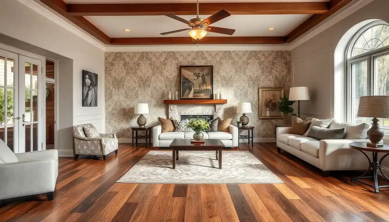 Elegant living room with white sofas, wood floors, fireplace, and ornate wallpaper.