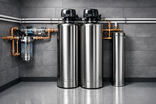 Industrial water filtration system with three stainless steel tanks and exposed pipes against a gray wall