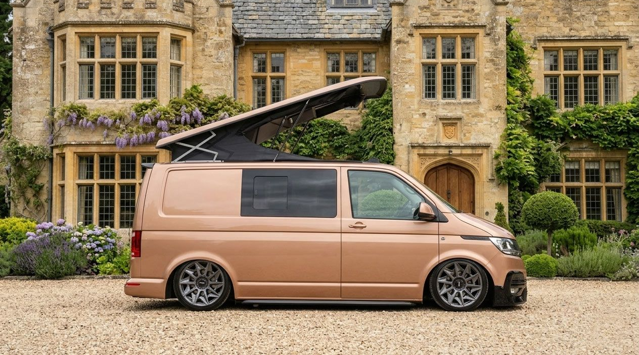 Beige van with pop-up roof parked in front of a stone manor house