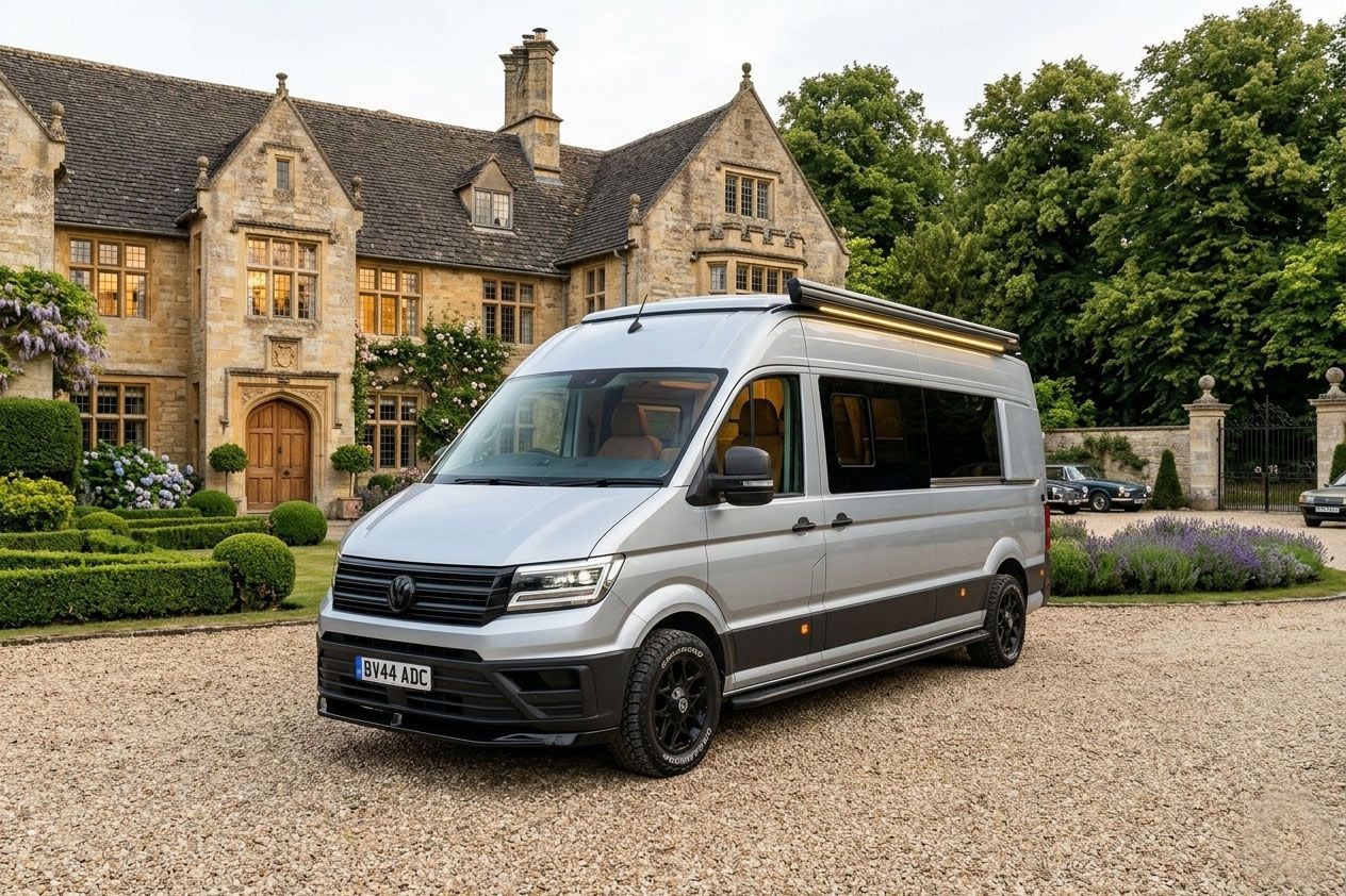 Silver van parked on a gravel driveway in front of a stone manor house with gardens