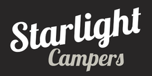 White &ldquo;Starlight Campers&rdquo; logo on a dark background
